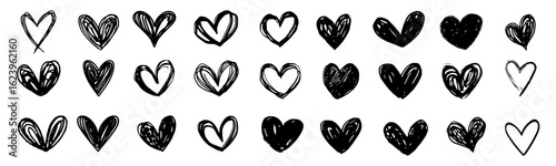 Doodle hearts drawn by hand. Grunge scrawls, chalk scribbles, rough brush strokes, underlines and circles. Bold charcoal freehand hearts. Crayon or marker scribbles