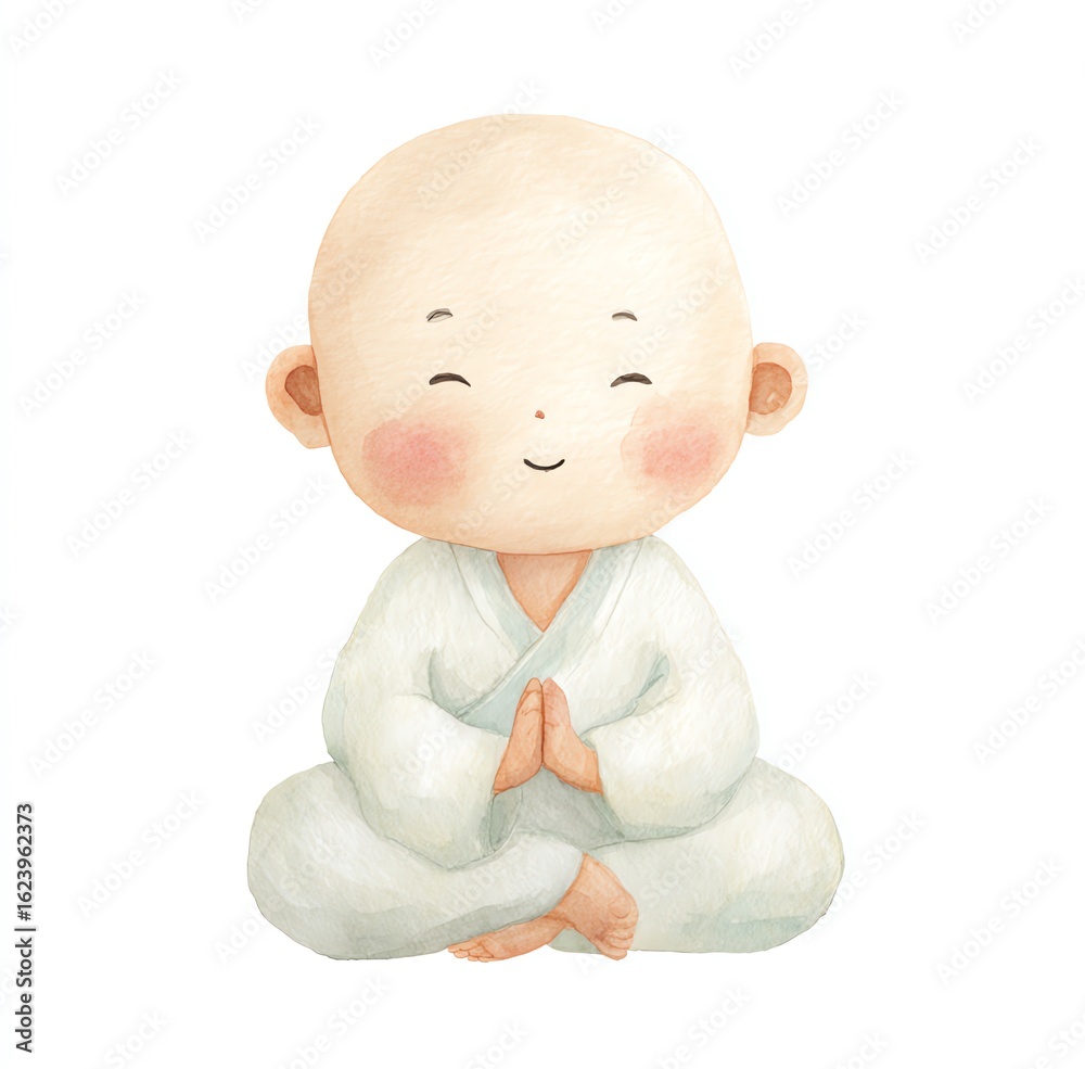 Fototapeta premium Adorable Watercolor Clipart A Peaceful Young Monk Meditating, Hands Clasped in Serenity, on a White Background.