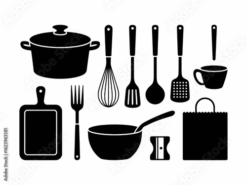 Collection of kitchen utensils and cookware silhouettes isolated on white background