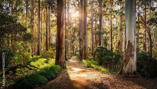 sunlit trail through eucalyptus forest tall trees and green undergrowth bathed in warm light creating serene natural scene
