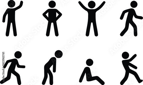 Collection of eight diverse human figure silhouettes in various poses isolated on white background silhouette