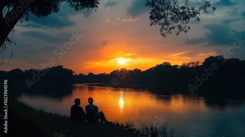 Fototapeta Naklejka Na Ścianę i Meble -  A peaceful moment capturing the silhouette of a couple enjoying the sunset by the river during festive season