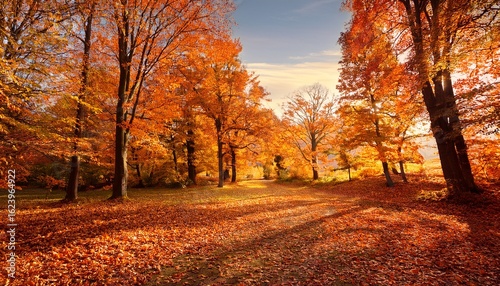 serene autumn scene with vibrant orange trees and falling leaves