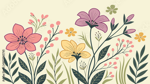 Vibrant Flower Landscape Pattern for Fabric Design in Seamless Vector Illustration