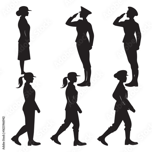 Silhouette illustration of women soldiers in uniform saluting and marching, symbolizing military service, respect, and duty isolated on white background