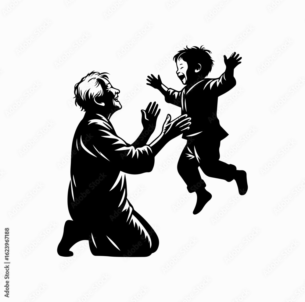 Fototapeta premium Child Playing with Grandparent Silhouette – Intergenerational Family Vector