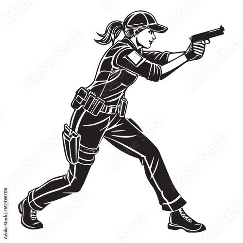 Female police officer aiming a gun, representing law enforcement, security, and protection, with a determined stance and professional uniform, isolated on white background