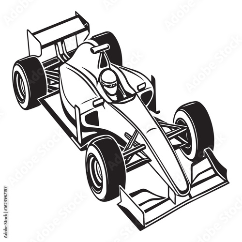 A sleek formula race car is speeding down the track, showcasing its aerodynamic design and powerful engine, isolated on white background the driver is focused on the competition