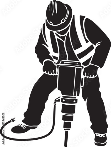 Construction worker operating jackhammer hard hat safety vest