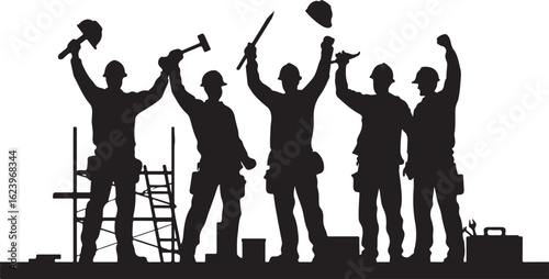 Construction workers celebrating with tools and hard hats celebration hammers