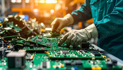 Skilled workers assemble or recycle electronic components, focusing on the details of a green circuit board. Showing the manufacturing, assembly, or recycling process in the technology indu,