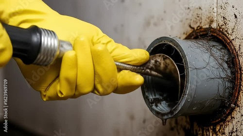 A plumber's hand in a yellow glove clears a severely clogged drain pipe full of hair and gunk.
