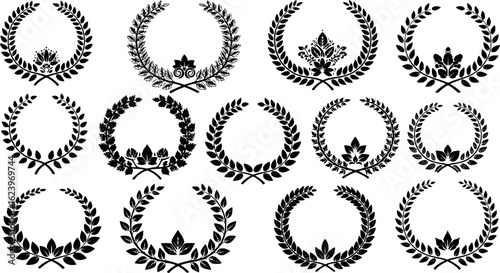Laurels frames branches with circle borders vector collection. Vintage floral wreaths with leaves , flower, herb, swirls, ornate. Decorative elements for logo, wedding invitation, banner, packaging