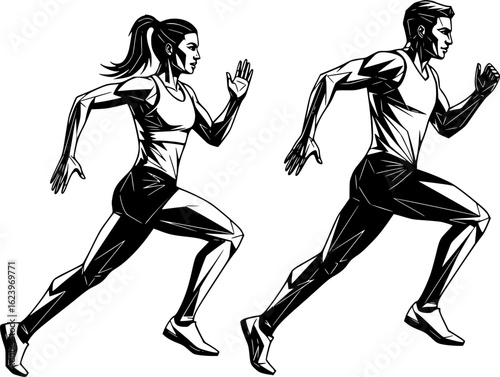 set of Run, running people - man and woman, low poly isolated vector sports illustration, side view. Track and field athletes. on white background
