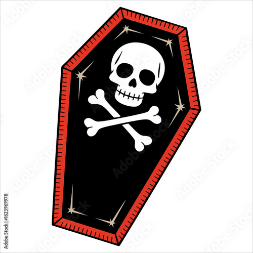 Vector illustration of hand drawn Halloween coffin front view. Perfect for horror artwork, creepy visuals and spooky October night themes