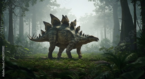 A stegosaurus walking through a dense and foggy forest with tall trees and lush green vegetation around it