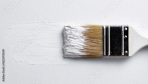 A paint brush loaded with white paint makes a broad stroke across a textured , creating a clean and artistic effect.