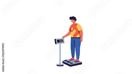 Man Stepping on Digital Scale Displaying High Number Cartoon Style