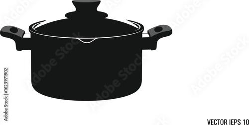 Vector art of a black cooking pot with a lid, isolated on white background, representing kitchenware and culinary preparation