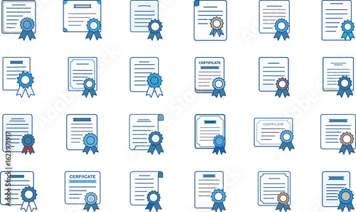 Collection of twenty various certificate icons with ribbons and seals for achievements and awards