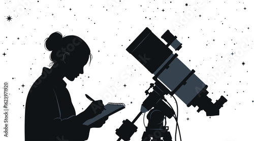 Vector art of a silhouette of a woman astronomer observing the stars through a telescope and taking notes in her notebook, isolated on white background