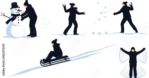Vector art of people enjoying various winter activities in the snow isolated on white background