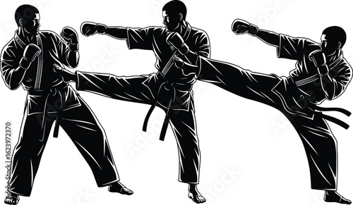 Vector art of silhouettes of karate practitioners demonstrating kicking techniques during martial arts training, isolated on white background