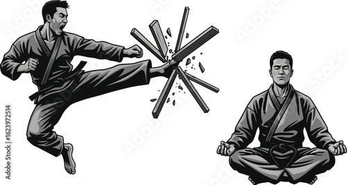 Vector art of a martial arts expert demonstrates a powerful kick while another figure meditates, isolated on white background