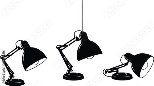 Vector art of three black desk lamps in different positions isolated on white background, creating a minimalist and modern design