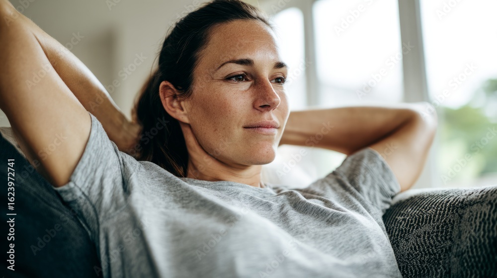 Fototapeta premium Relaxed woman sitting on sofa in comfortable home attire, soft diffused window light in living room. 