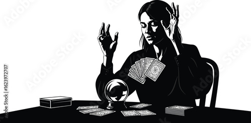 Vector art of a fortune teller with a crystal ball and tarot cards isolated on white background, predicting the future