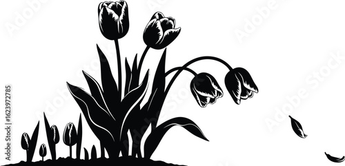 Vector art of a group of tulips in a spring garden isolated on white background, with a gentle breeze