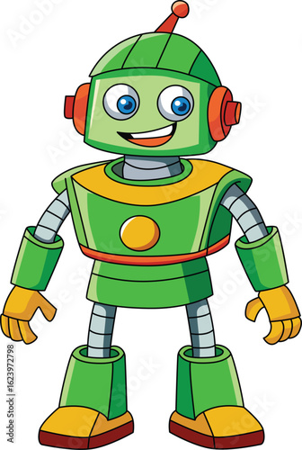 Cute Cartoon Robot Character in Green Suit – Vector Illustration for Kids

