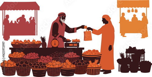 Vector art of a silhouette illustration of vendors and customers trading at a middle eastern market stall against a white background