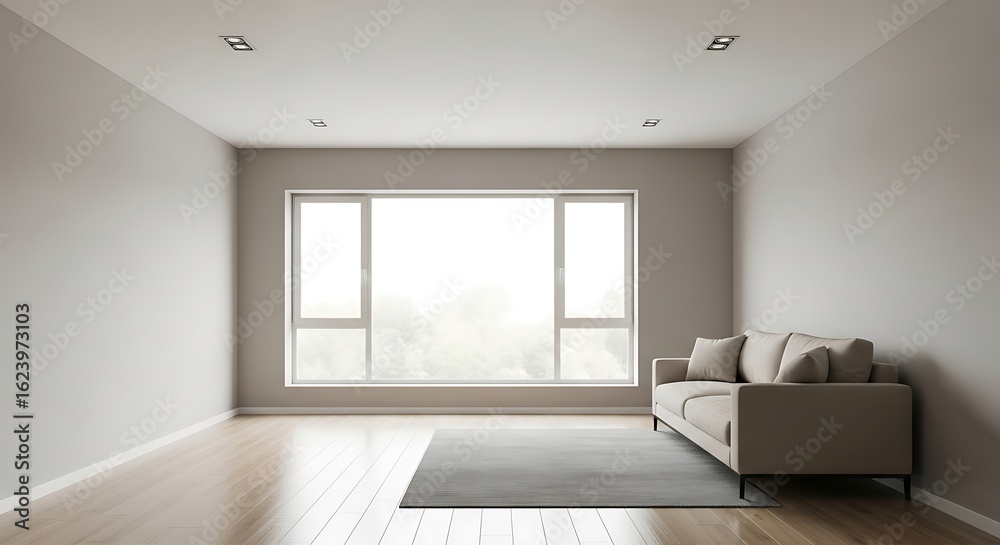 Obraz premium Modern minimalist living room interior with large window and neutral color scheme perfect for