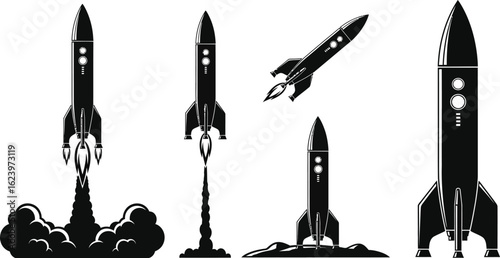 Vector art of a collection of rocket ship silhouettes in various stages of launch, symbolizing space exploration and technological advancement, isolated on white background