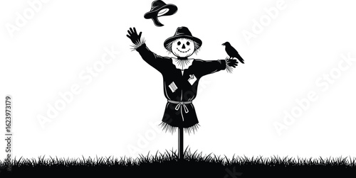 Vector art of a scarecrow with a crow on its arm and a hat falling, isolated on white background
