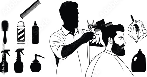 Vector art of silhouette of a barber giving a haircut to a bearded man with various barber tools around them