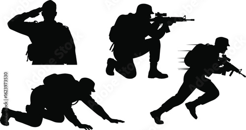 Vector art of silhouettes of soldiers in various poses, including saluting, crawling, running, and aiming rifles