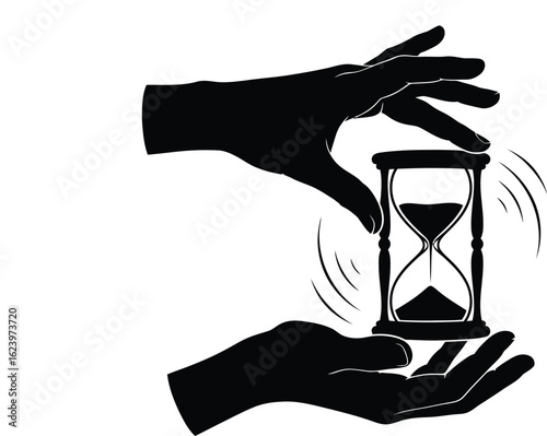 Vector art of silhouette of hands holding an hourglass, symbolizing time passing, isolated on white background