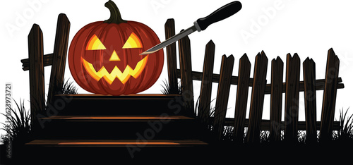 Vector art of a glowing jackolantern sits on stairs behind a fence, with a knife stuck in it, isolated on white background