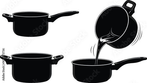 Vector art of silhouette of saucepans, one pouring liquid, isolated on white background