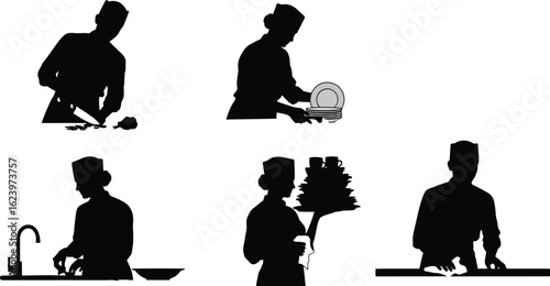 Vector art of silhouettes of a chef cooking, washing dishes, and serving food, isolated on white background