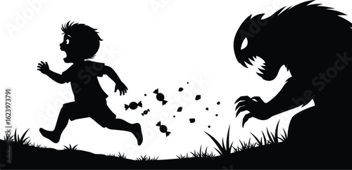Vector art of a child running away from a monster in silhouette, isolated on white background