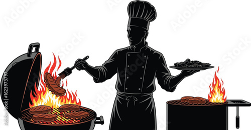 Vector art of a chef in silhouette is grilling burgers and steaks on a barbecue, holding a plate of cooked food in one hand and flipping a burger with a spatula in the other