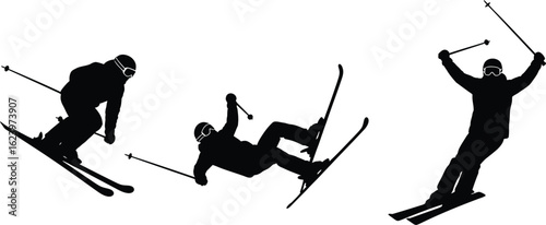 Vector art of a skier in various stages of skiing, including a fall and a successful run, depicted as a black silhouette isolated on white background