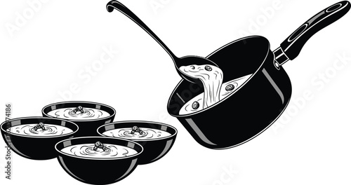 Vector art of a pot of soup is being served into bowls with a ladle, isolated on white background