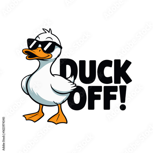 A cool cartoon duck wearing sunglasses, playfully saying "Duck Off!".