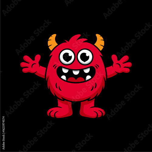 A cheerful, red, furry monster with horns welcomes you with open arms.