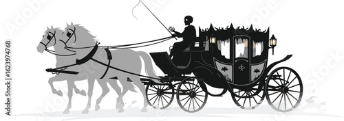 Vector art of a horsedrawn carriage with a driver in silhouette, isolated on white background